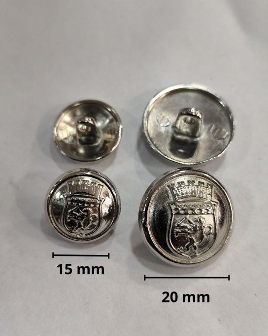Lot de 17 boutons en métal à queue, motif armoiries, finition argent, 15 mm et 18 mm