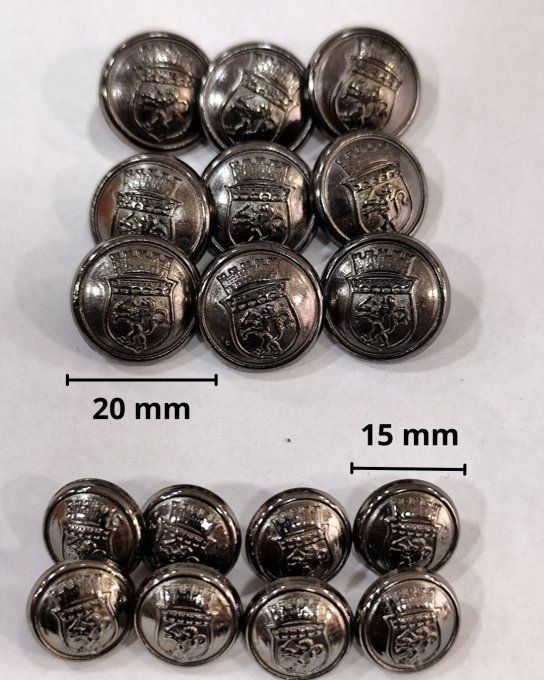 Lot de 17 boutons en métal à queue, motif armoiries, finition canon de fusil, 15 mm et 18 mm