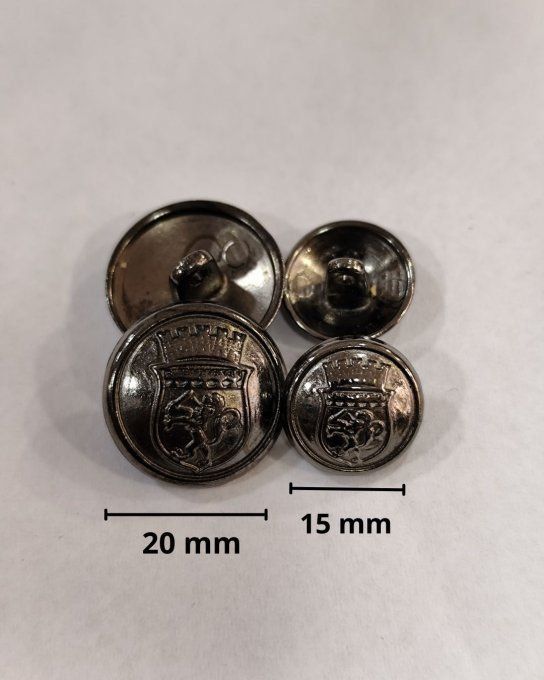 Lot de 17 boutons en métal à queue, motif armoiries, finition canon de fusil, 15 mm et 18 mm