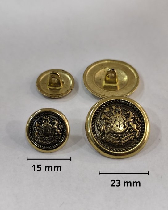 Boutons métal armoiries doré vieilli, lot de 18 -