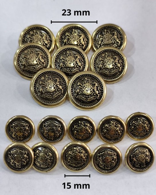 Boutons métal armoiries doré vieilli, lot de 18 -