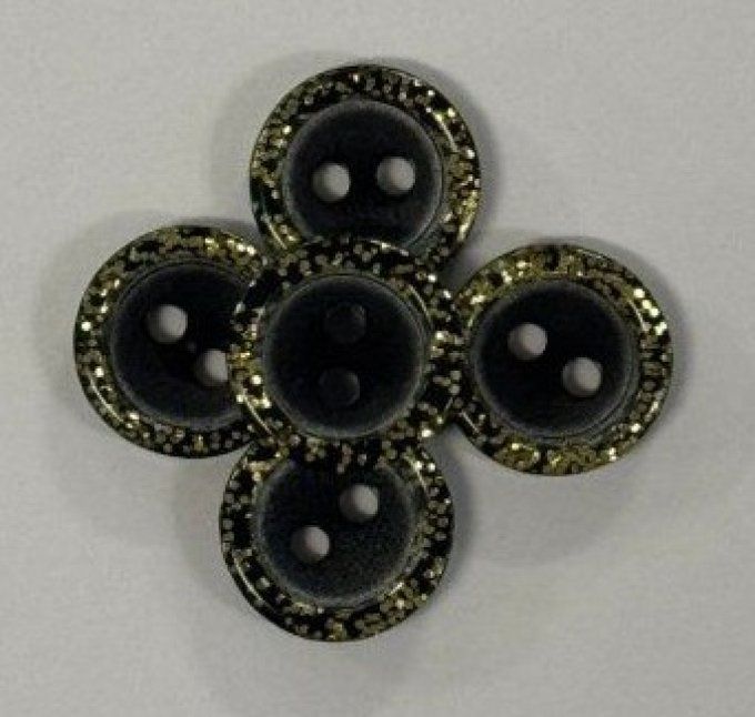 Lot de 20 boutons pailletés à cercle doré sur fond noir, 2 trous, diamètre 15 mm