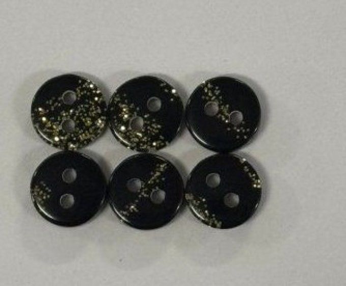 Lot de 20 boutons pailletés noir et or à 2 trous, diamètre 15 mm