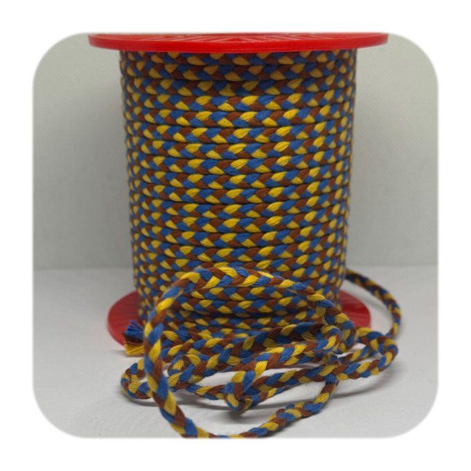 Cordon coton  tressé  5 mm - Caramel , Bleu et Jaune au mètre