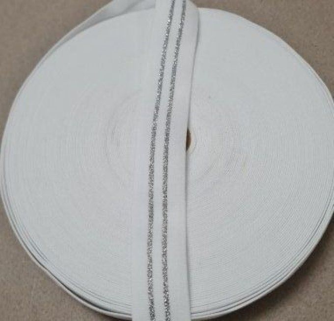 Élastique fantaisie blanc rayure argent 25 mm au mètre