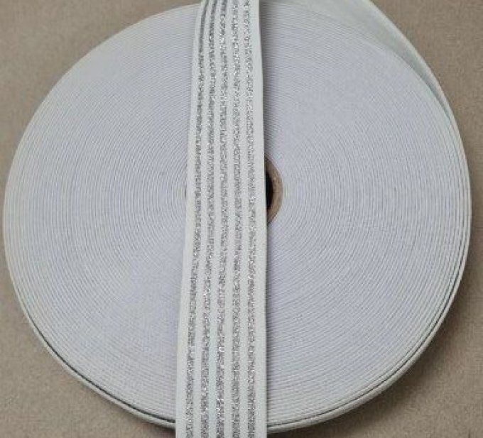 Élastique fantaisie blanc rayure argent 40 mm au mètre
