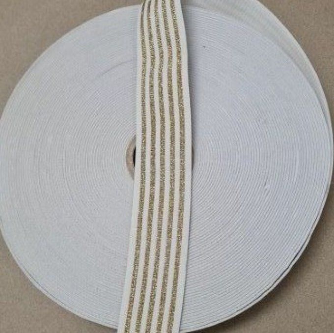 Élastique fantaisie blanc rayure doré 40 mm au mètre