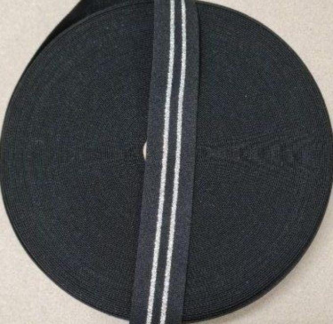Élastique fantaisie noir rayure argent 25 mm au mètre