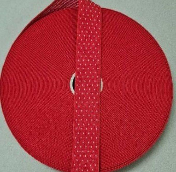 Élastique fantaisie rouge à pois blancs 35 mm au mètre
