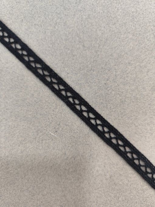 Galon macramé coton noir, motif entre-deux croisillon, 12 mm, vendu au mètre