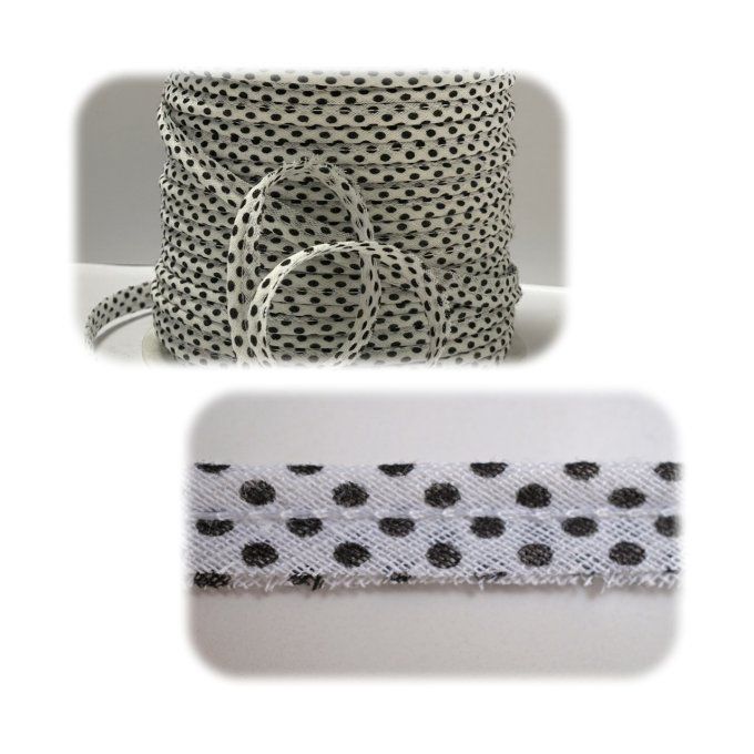 Passepoil coton à pois noirs  fond blanc au mètre