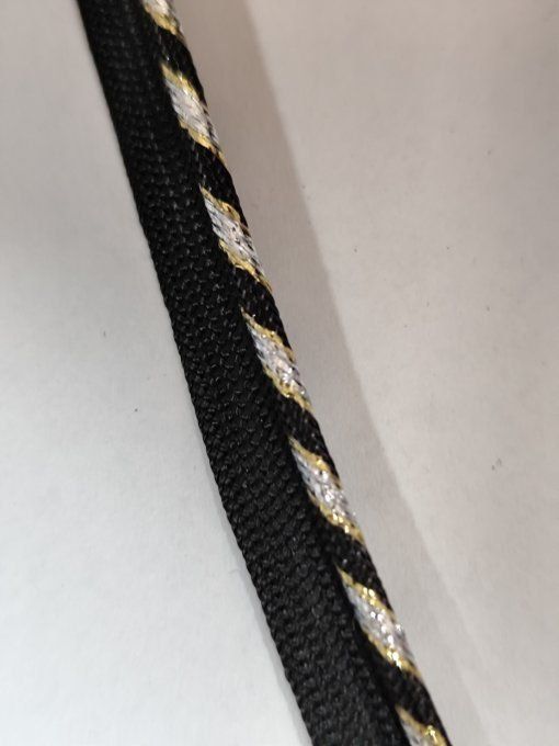 Rouleau de 100 m de passepoil lurex noir, argent et doré modèle 2, largeur 10 mm