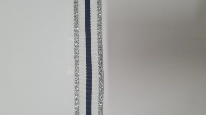 Gros grain rayé blanc marine argent 20mm au mètre