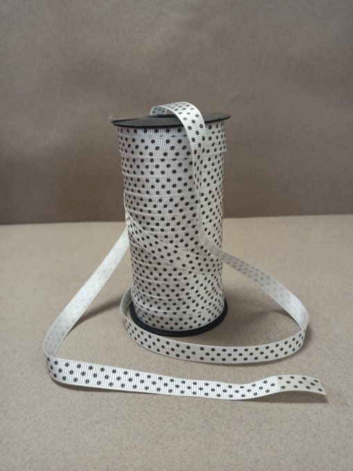 Gros grain polyester blanc à pois noir 10 mm /50 mètres