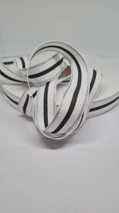 Ruban gros grain polyester rayé blanc, noir et argent, 20 mm, vendu au mètre