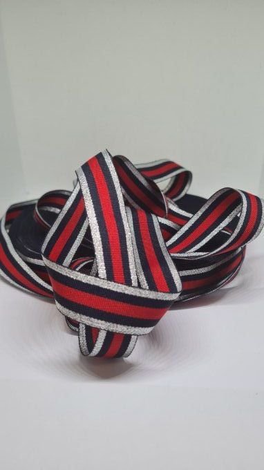 Ruban gros grain polyester rayé marine, rouge et argent, 20 mm, vendu au mètre