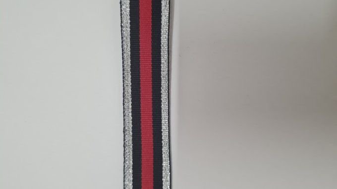Ruban gros grain polyester rayé marine, rouge et argent, 20 mm, vendu au mètre