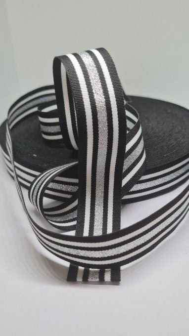 Ruban gros grain polyester rayé noir, blanc et argent, 25 mm, vendu au mètre