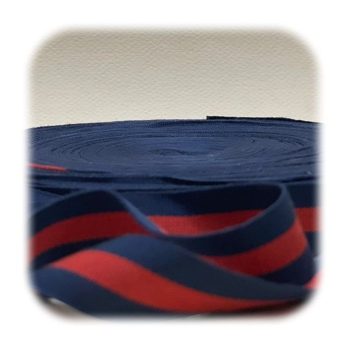 Ruban gros grain polyester rayé rouge et bleu, 30 mm, vendu au mètre