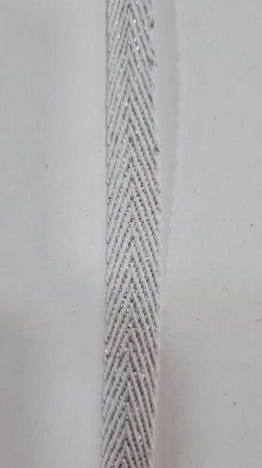 Ruban sergé coton blanc à fil argenté 10 mm vendu au mètre