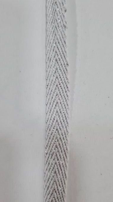 Ruban sergé coton blanc à fil argenté 10 mm vendu au mètre