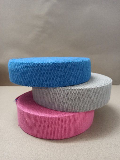 Sangle coton 40 mm bleu, gris et rose, 3 rouleaux de 10 m