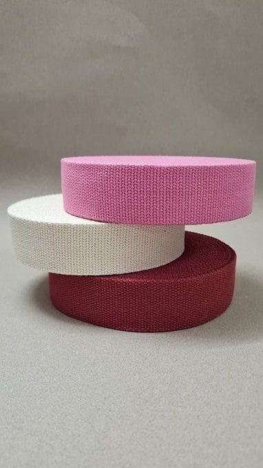 Sangle coton 40 mm bordeaux, écru et rose, 3 rouleaux de 10 m