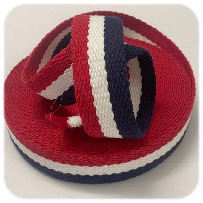 Sangle coton fantaisie bleu blanc rouge 30 mm vendue au mètre pour anse de sac