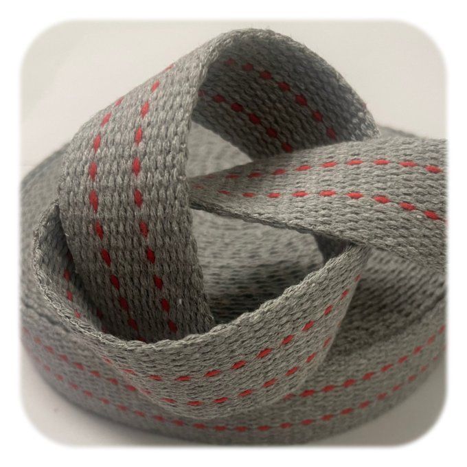 Sangle coton fantaisie gris et rouge 30 mm vendue au mètre pour sac