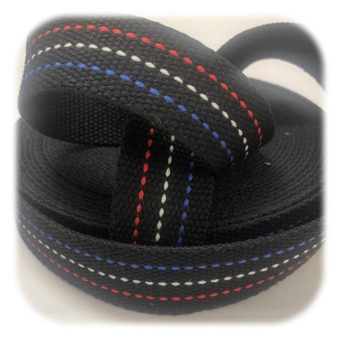 Sangle coton fantaisie noir bleu blanc rouge 30 mm vendue au mètre pour sac