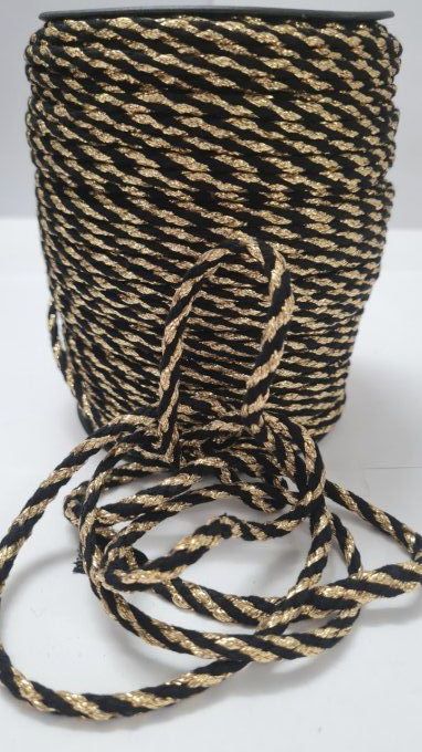 Cordon coton noir avec fils lurex dorés de 5 mm vendu au mètre