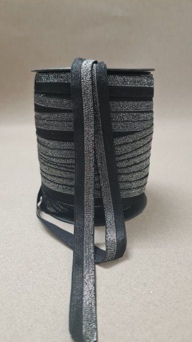 Biais élastique pré-plié noir/argenté 15mm au mètre