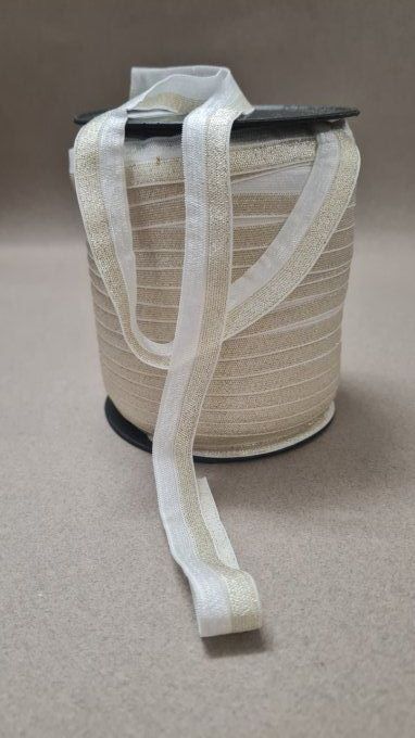 Biais élastique pré-plié blanc/doré 15mm au mètre