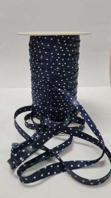 Biais satin marine à pois  blanc au mètre