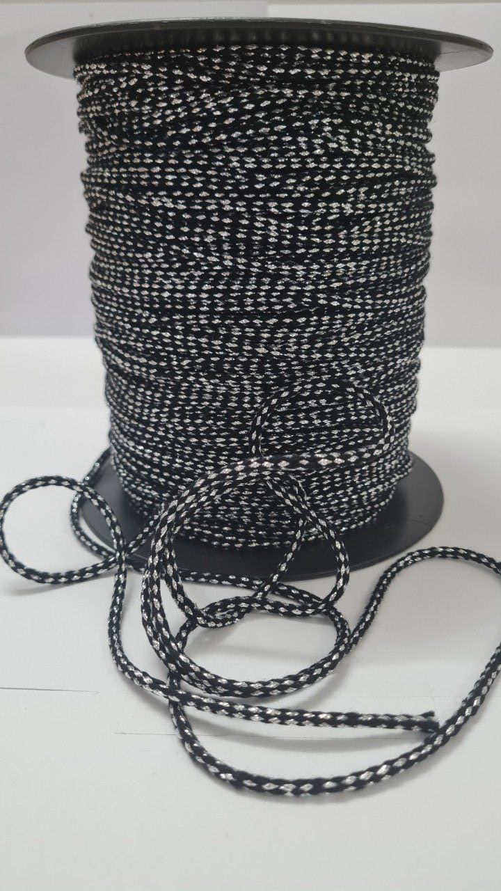 Cordon coton noir / argent 3 / 5 mm au mètre