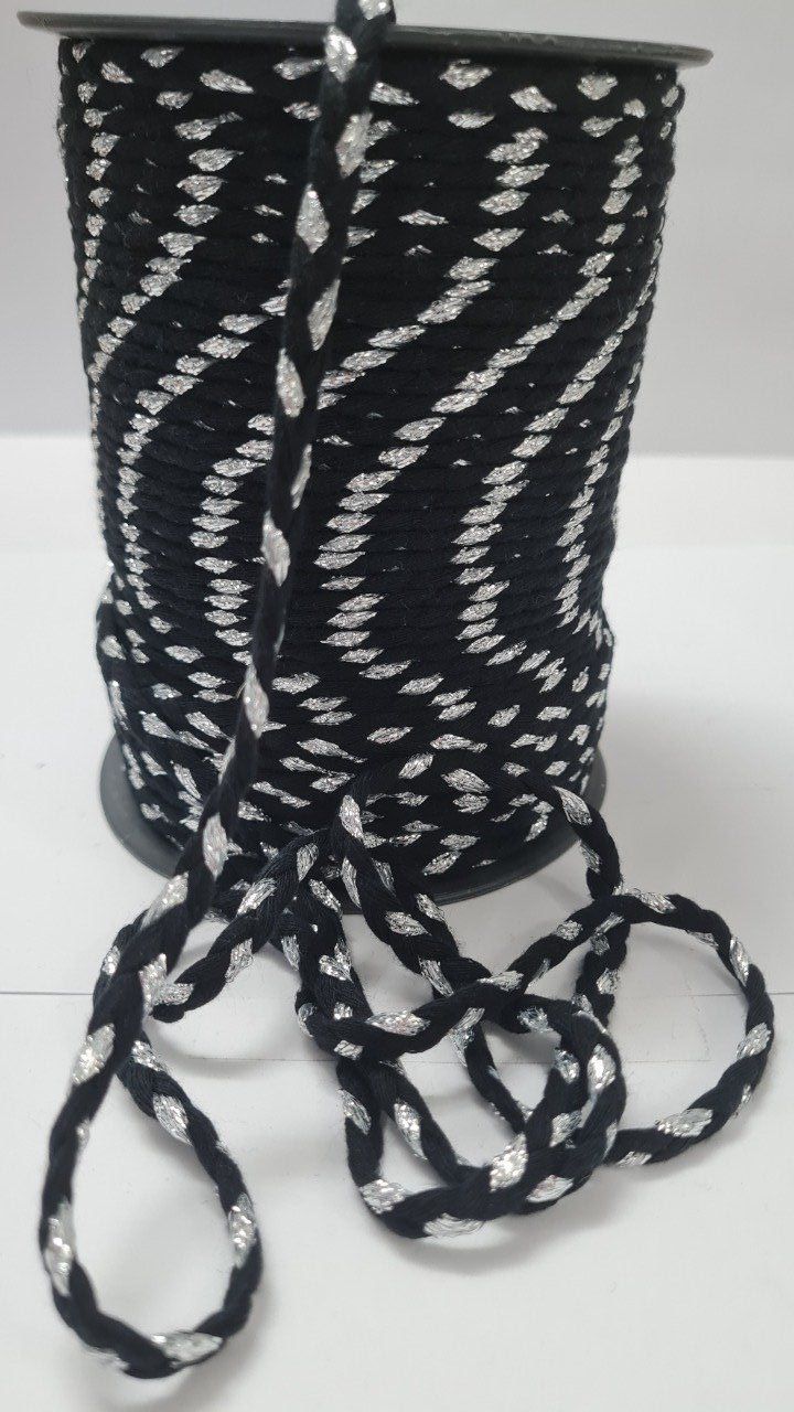 Cordon coton tresse  noir / argent 7 mm au mètre