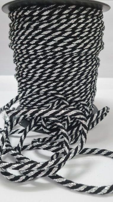 Cordon coton noir et argent de 7 mm vendu au mètre