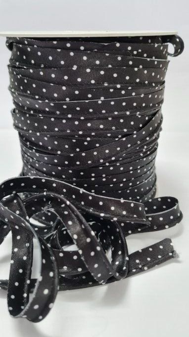 Passepoil satin noir à pois blanc au mètre