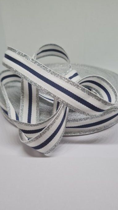 Gros grain rayé blanc marine argent 20mm au mètre