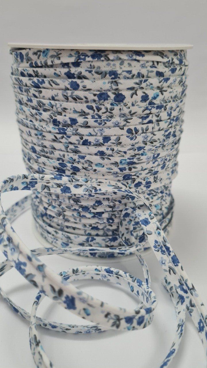 Passepoil coton fleuri bleu au mètre