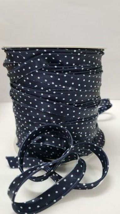 Passepoil satin marine à pois blanc au mètre