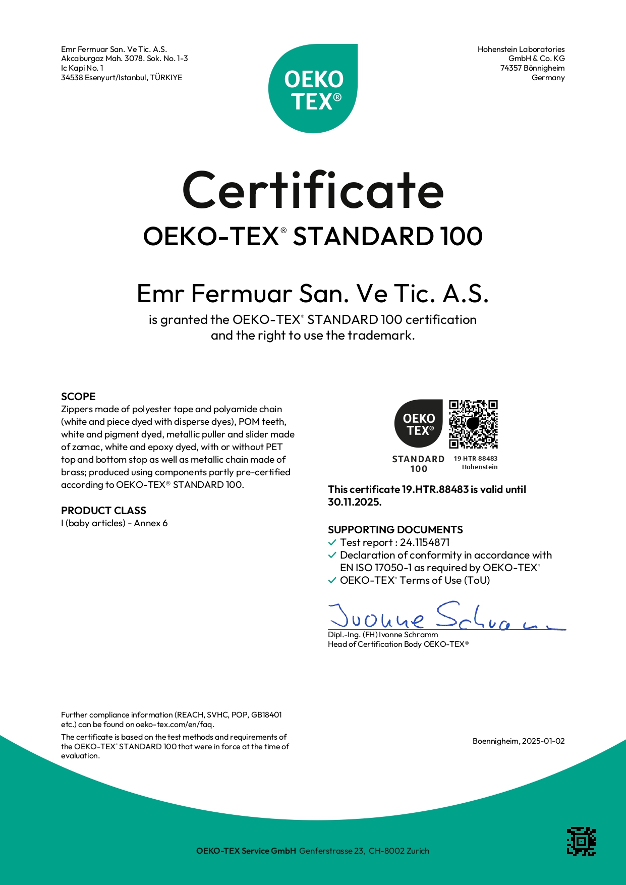 CERTIFICAT OEKOTEX DES FERMETURES